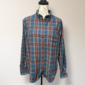 L.L.Bean Blue Red Plaid Flannel Button Up Shirt Cotton Long Sleeve Womens M Cozy
